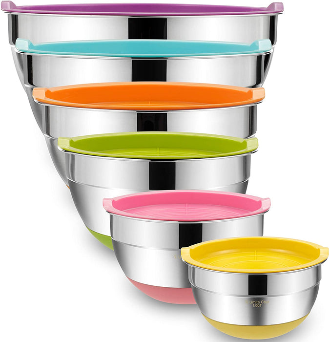 Mixing Bowls with Airtight Lids，6 Piece Stainless Steel Metal Nesting Storage Bowls, Non-Slip Bottoms Size 7, 3.5, 2.5, 2.0,1.5, 1QT, Great for Mixing & Serving(Black)