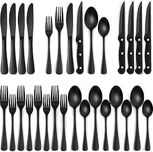 EWFEN 24-piece black silverware set with steak knives, round edge