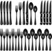 EWFEN 24-piece black silverware set with steak knives, round edge