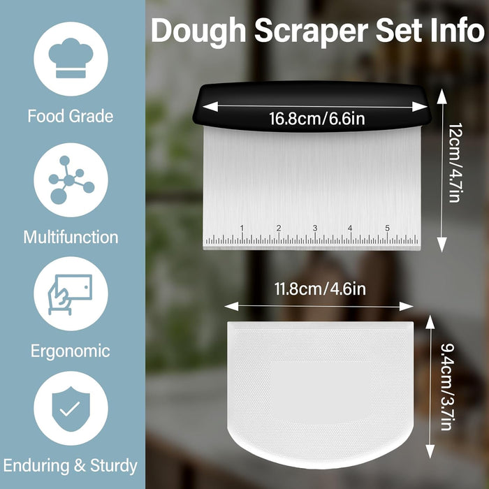 Bench Scraper, Premium Stainless Steel Dough Scraper with 2 PCS Flexible Bowl Scraper, Dough Cutter with Measuring Scale