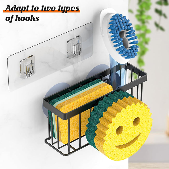 Sponge Holder Smiley Face, Sink Organizer with 2 Suction Cups/1 Adhesive Strips, Designed for Sponge, Soap, Dish Brush, Scrubber - Black