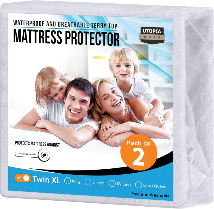 Waterproof Mattress Protector Twin Size, Premium Terry Mattress Cover 200 GSM, Breathable, Fitted Style with Stretchable Pockets (White)