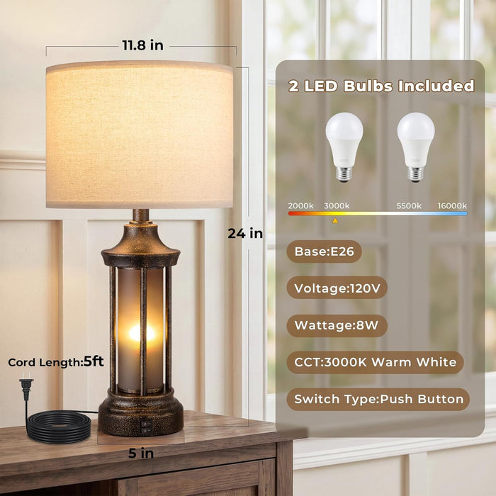 24" Farmhouse Table Lamps for Living Room, Bedside Lamps Set of 2