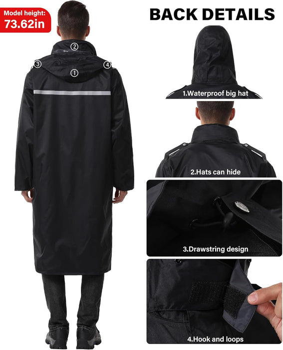 High-Visibility Reflective Waterproof Long Raincoat — Black XL