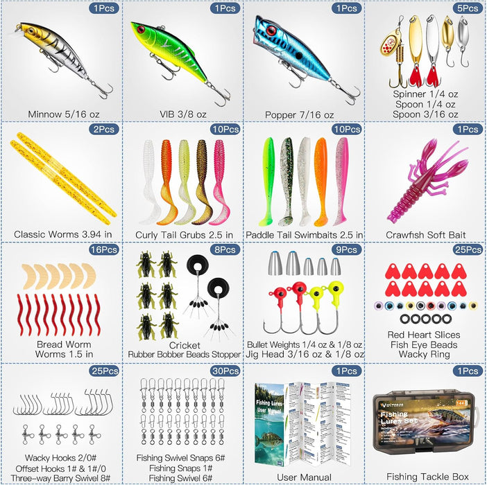 Fishing Lures, Tackle Box with Tackle Included, Crankbaits, Soft Plastic Baits, Hooks, Weights & Fishing Accessories, Freshwater Fishing Gear Kit for Bass, Trout, Walleye & Beginners
