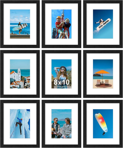 8x10 Picture Frames Set of 9 for Wall or Tabletop Display, Black