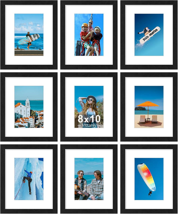 8x10 Picture Frames Set of 9 for Wall or Tabletop Display, Black