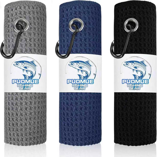 3 Pack Microfiber Fishing Towels with Clip, 16" x 16", Waffle Pattern for Effective Cleaning of Fishing Gears or Dirty H