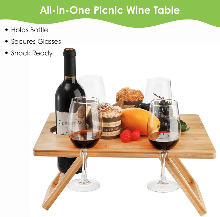 Portable Wine Picnic Table with 5 Wine Glasses Holder, Foldable Champagne Picnic Snack Table, Wine and Cheese Table for Picnic, Camping, Park, Beach, Wine Lover Gift