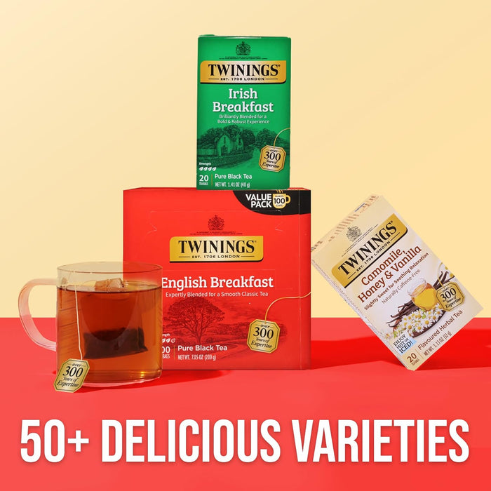 English Breakfast Black Tea Individually Wrapped Bags, 100 Count (Pack of 1), Smooth, Flavourful, and Robust, Caffeinated, Enjoy Hot or Iced, 100 Teabags