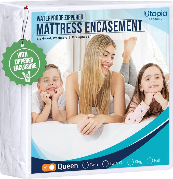 Waterproof Mattress Protector Queen Size, Zippered Mattress Encasement Bed Bug and Dust Mite Proof, Absorbent Six-Sided Mattress Cover