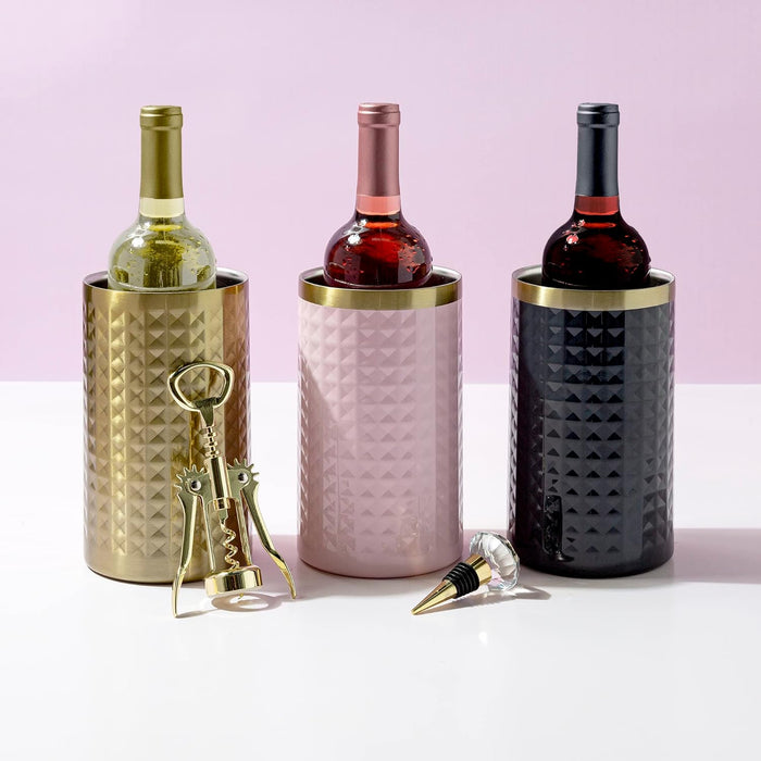 Wine Bottle Chiller Set, Insulated Double Wall Chiller, Gold Winged Corkscrew Wine Bottle Opener, Diamond Wine Stopper, 3-Piece Set, Pink