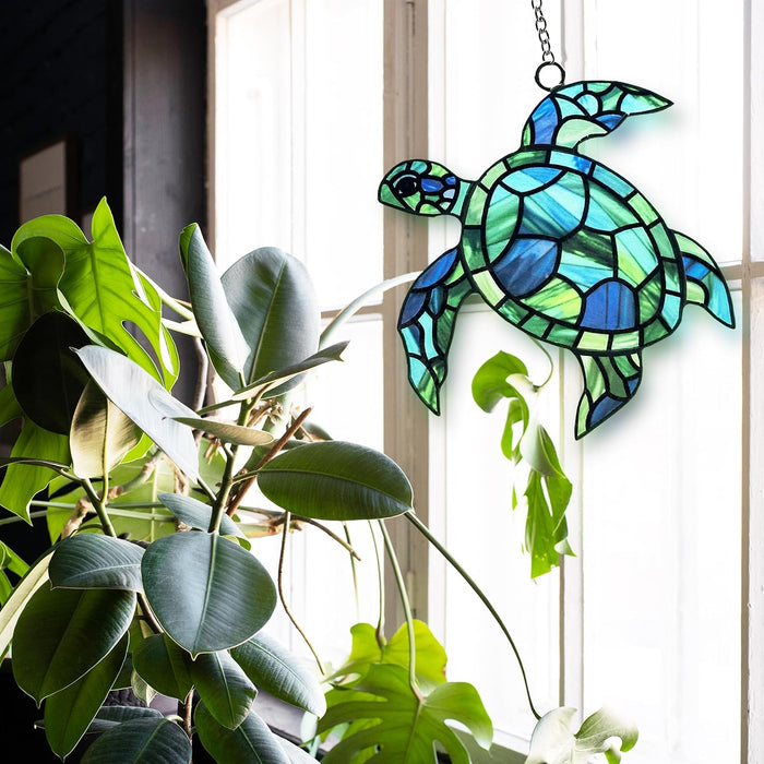 Sea Turtle Suncatcher Decor, Sea Turtles Stained Glass Window Hanging for Turtle Lovers, Wall Decor for Indoor Outdoor.