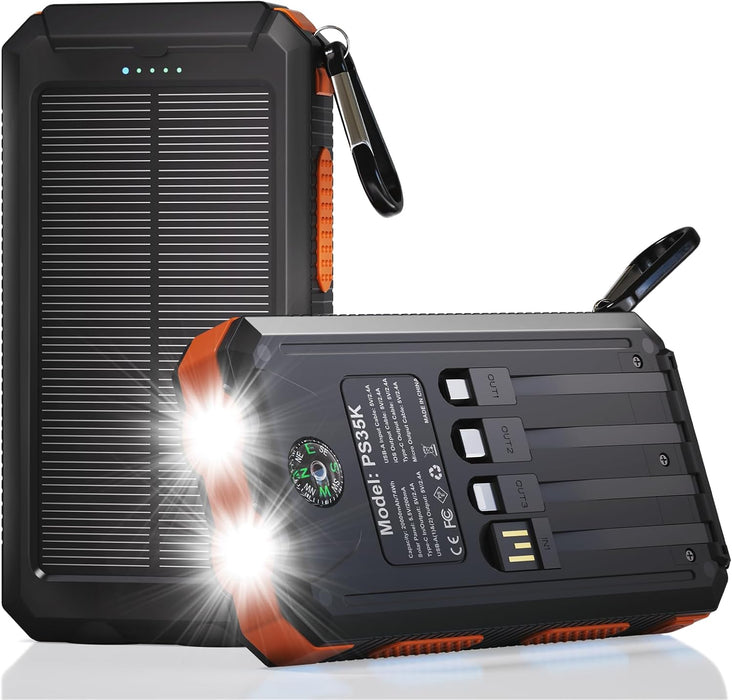Solar Charger Power Bank 20,000mAh, Portable Charger, 4 Cables 3 Ports Fast Charging External Battery Pack with USB C fo
