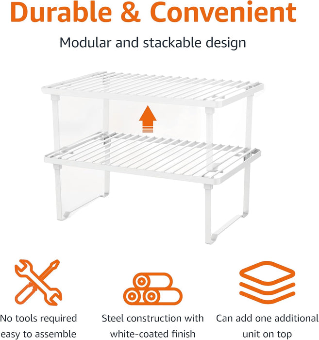 Space-Saving Stackable Metal Kitchen Cabinet Organizer Shelves for Dishes, Pantry Organization, 12.5" L x 8" D x 4.5" H, Set of 2, White