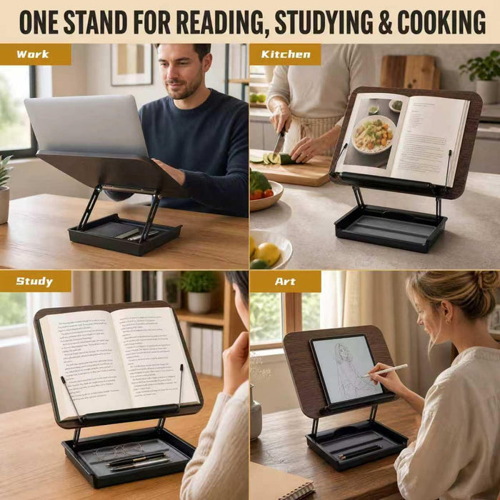 Adjustable Wooden Book Stand with Storage and Reading Light