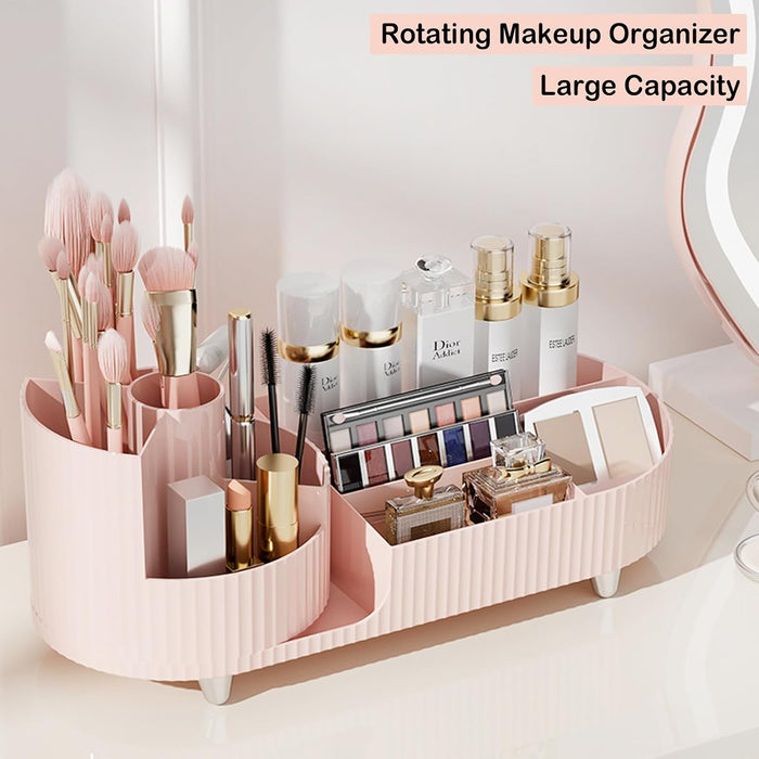 Pink Rotating Vanity Organizer with Brush Holder - Large Spinning Cosmetic Storage, Countertop Makeup & Skincare Organiz