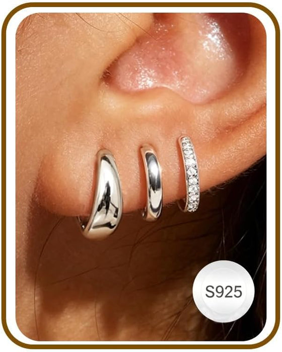 Jewelry for Her Gift 3 Pairs 925 Sterling Silver Earrings for Women Non Tarnish 14K Gold Plated Small Hypoallergenic Huggie Hoops Cartilage Stack Earring Sets for Multiple Piercing