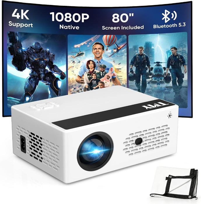 Native 1080P Mini Portable Projector, 2-way Bluetooth, with 80in Screen