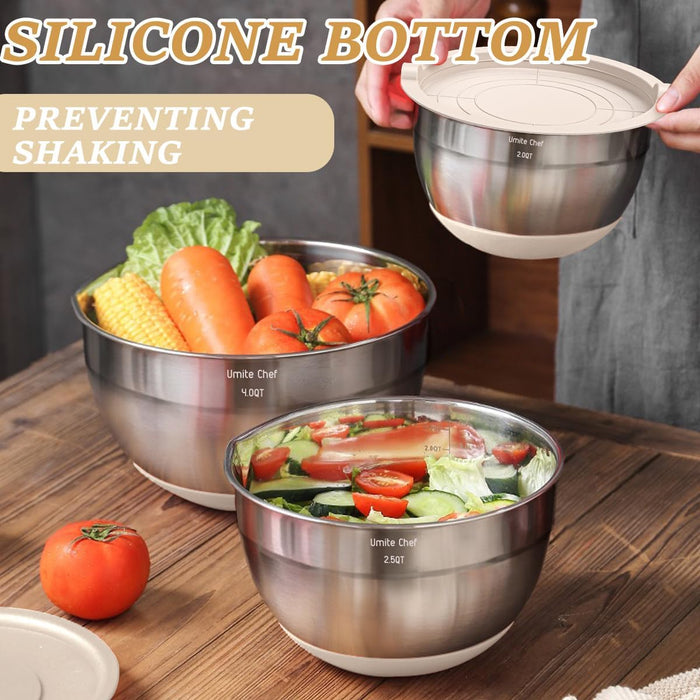Mixing Bowls with Airtight Lids Set, 26PCS Stainless Steel Khaki Bowls with Grater Attachments, Non-Slip Bottoms & Kitch