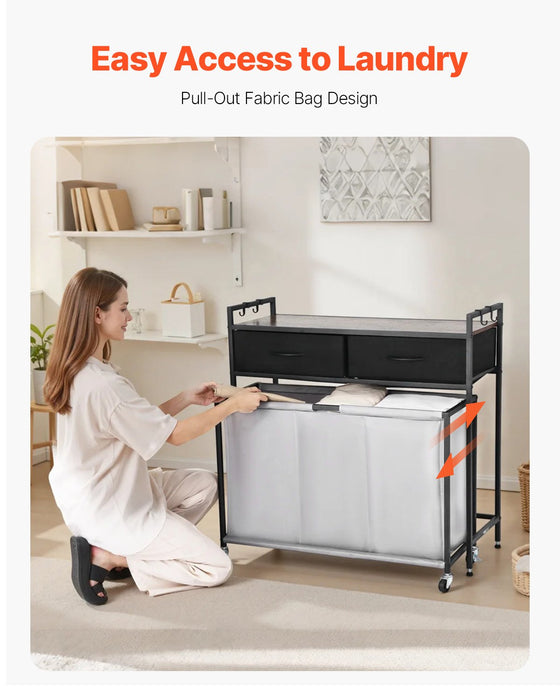 Three-Section Rolling Laundry Sorter with Drawers