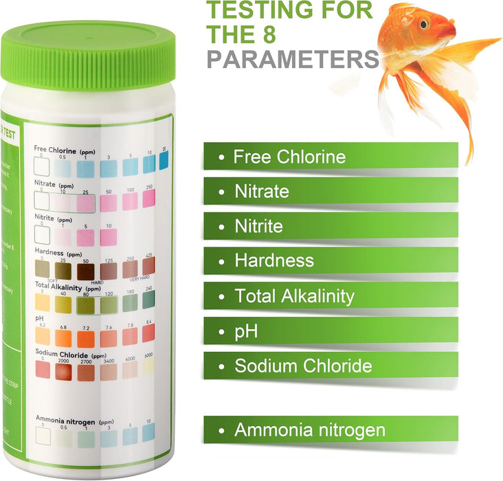 8-in-1 Aquarium Test Kit for Fish Tanks - Quick & Accurate Water Testing Strips for Aquariums & Ponds. Tests pH, Ammonia