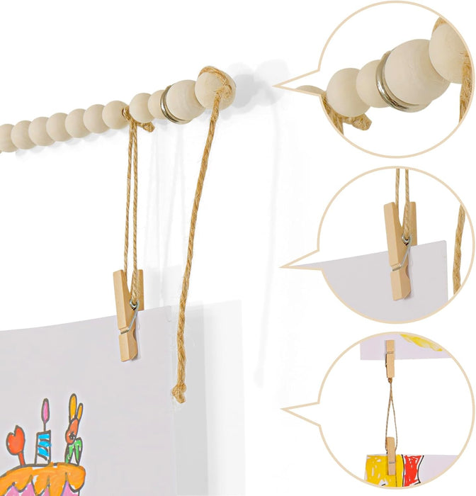 Kids Art Display Wall Decor, Wood Beads Garland with 34 Clips