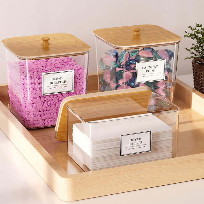 Laundry Pods Storage Container, Clear Acrylic Laundry Room Organization and Storage ,Detergent Powder Container,with Wooden Lids & Labels, 3+1 Pack