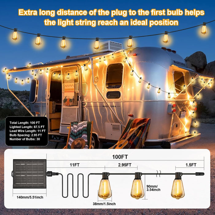 100FT Solar String Lights Outdoor Waterproof with Remote & Timer, LED Shatterproof ST38 Bulbs, USB & Solar Powered Patio Lights for Backyard, Porch, Garden, Wedding Decor, Dusk to Dawn Lighting