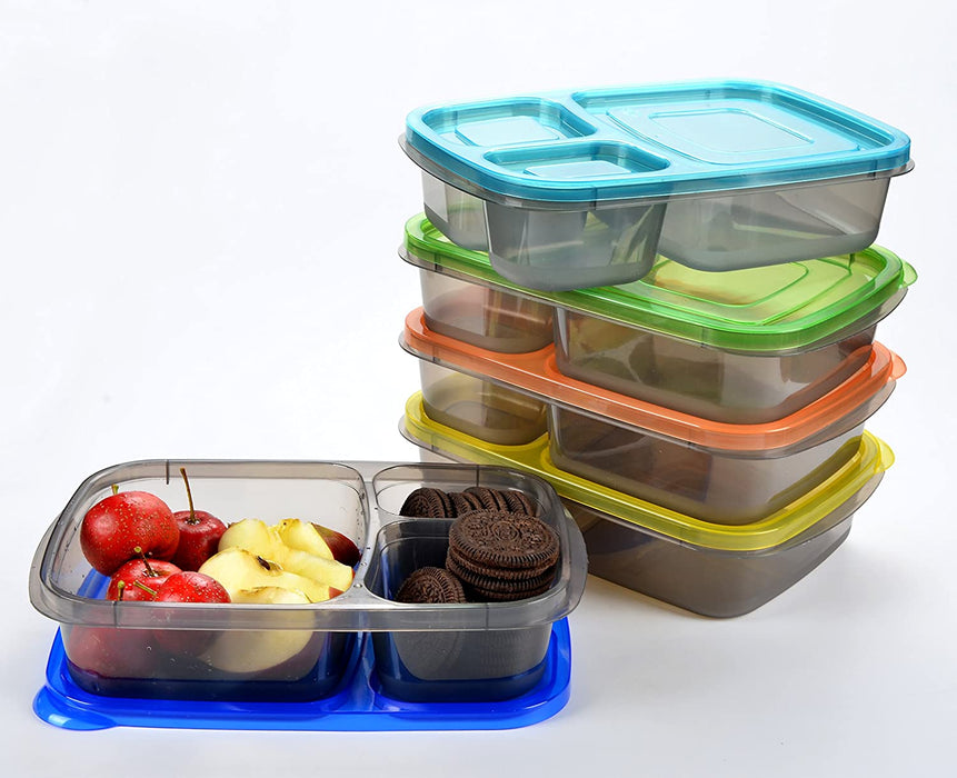 7 Pack Bento Lunch Box, Meal Prep Containers, Reusable 3 Compartment Plastic Divided Food Storage Container Boxes