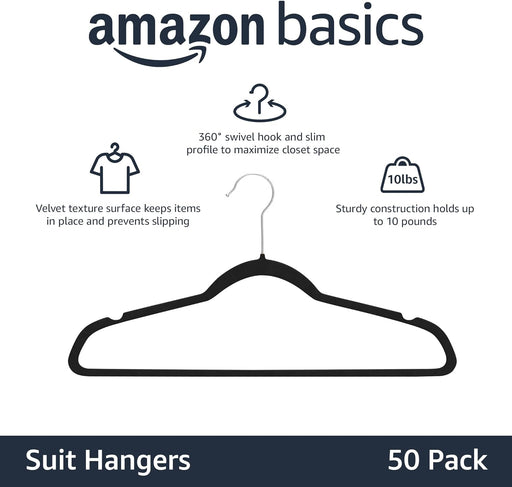 Slim Velvet Non-Slip Space Saving Suit Clothes Hangers, Closet Organizer, Black, 50-Pack