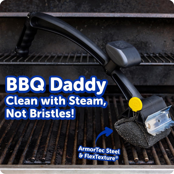 BBQ Daddy Grill Cleaner Kit - Bristle Free Grill Brush with Refill + 2 Steel Scour Daddy Grill Sponges - Built-in Grill Scraper - Temperature Controlled Grill Cleaning Tools (4 Count)