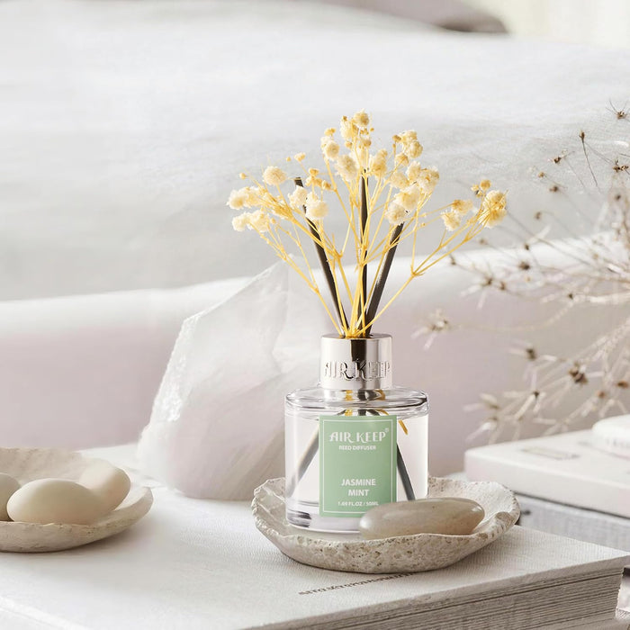 Reed Diffuser Set,1.69 fl oz (50 ml) - Jasmine Mint Oil Diffusers with 8 Reed Sticks,Home Fragrance Reed Diffuser for Bathroom Shelf Decor