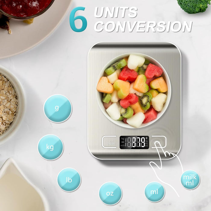 Food Scale, 11lb Kitchen Scale with 6 Units Tare Function & LCD Display, 0.05oz/1g Stainless Steel Digital Food Scale Gr