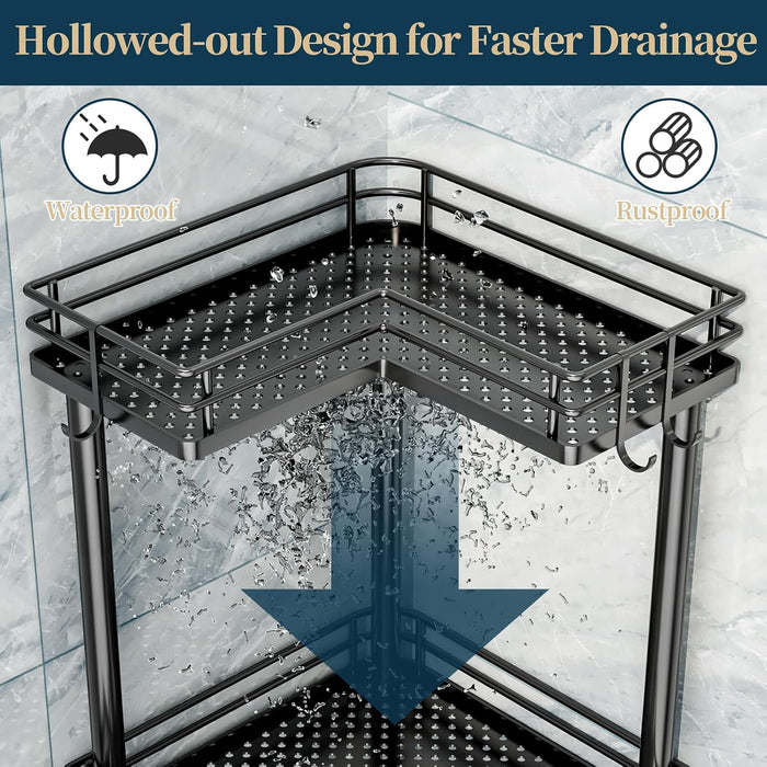 Corner Shower Caddy Standing - 3-Tier Stainless Steel Shower Organizer with Soap Holder and 4 Hooks, Large Capacity Corn