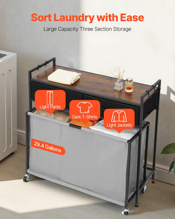 Three-Section Rolling Laundry Sorter with Drawers
