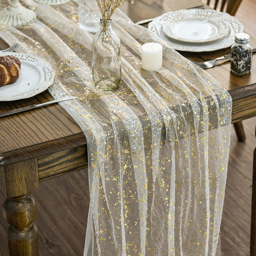 Beige Gold Gauze Table Runner 120 Inch 10FT, Glitter Metallic Foil Sheer Dining Wedding Anniversary Holiday Birthday Tab