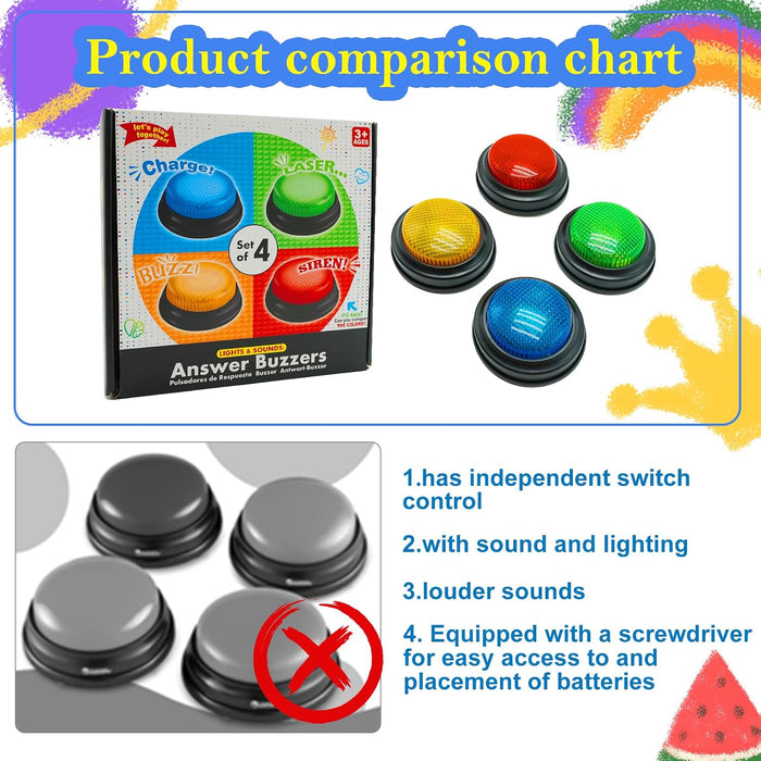 Set of 4 Buzzers for Trivia Games, Answer Buzzers for Classroom, Family Feud Jeopardy Buzzer, Game Buzzers with Lights and Sound for Classroom, Game Show Buzzer Buttons