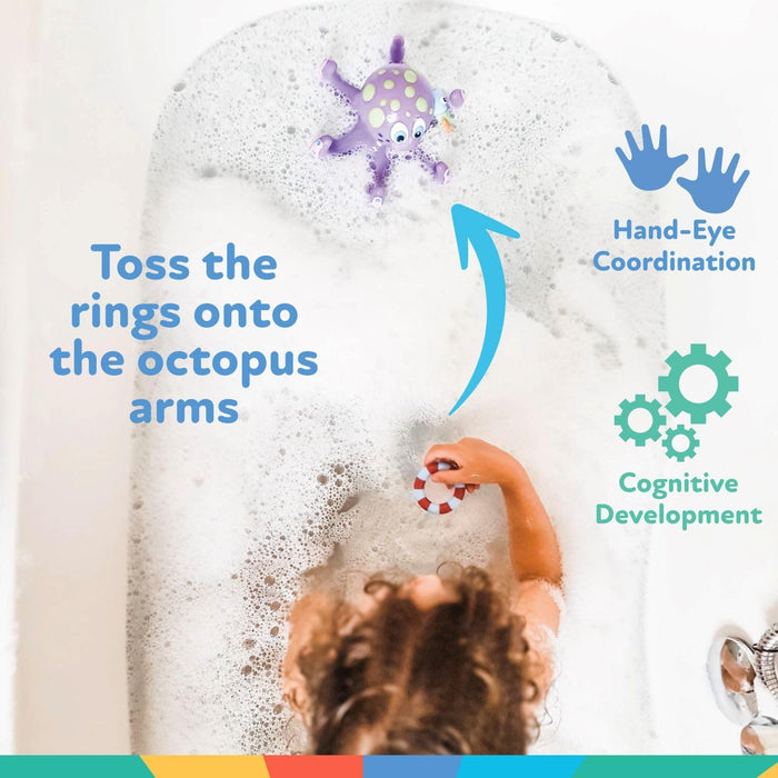 Floating Octopus with 3 Hoopla Rings - Baby & Toddler Bath Toy - No Hole Design Keeps Moisture Out - Fine Motor Skills -