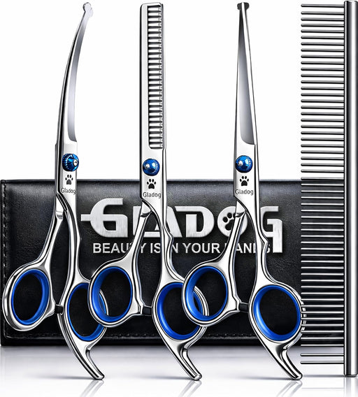 Professional 5 in 1 Dog Grooming Scissors Set with Safety Round Tips, Sharp and Heavy-duty Pet Grooming Shears for Cats