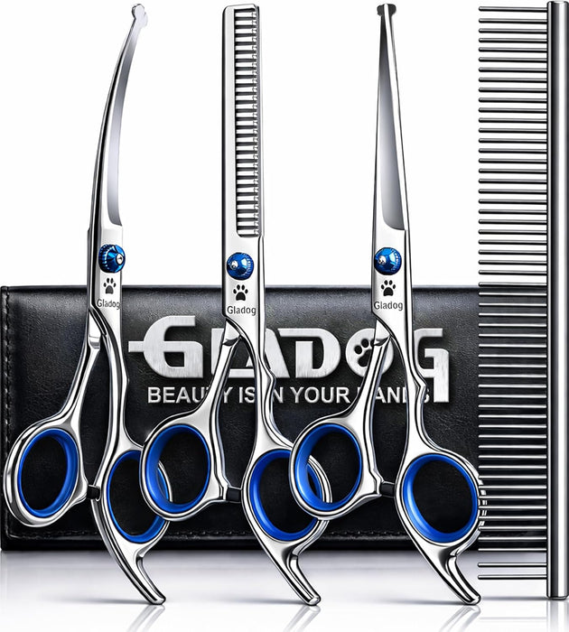 Professional 5 in 1 Dog Grooming Scissors Set with Safety Round Tips, Sharp and Heavy-duty Pet Grooming Shears for Cats