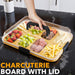 Charcuterie Board with Clear Lid, Portable Travel Cheese Cutting Boards for Picnic Accessories, Bamboo Serving Tray with Lids, House Warming Gifts, Black Handles, 8 Compartments