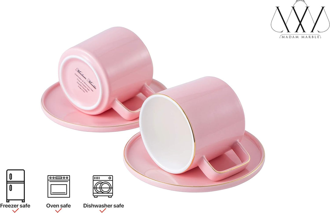 Set of 6 Large 8 (OZ) Americano Cups with Saucer Porcelain Coffee/Tea Cups, Cappuccino/Latte/Espresso/Mocha Cups, Large Coffee/Tea Cups for Specialty Coffee Drinks, (Pink)