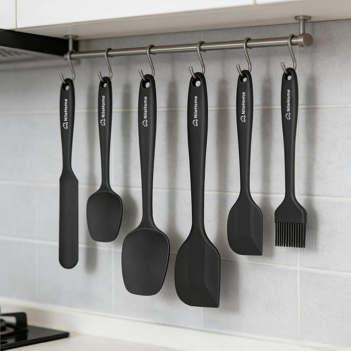 6 Pieces Silicone Spatula Set with Silicone Brush,Mixing-Black