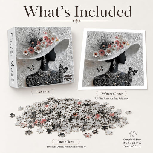 Impossible Puzzles for Adults 1000 Pieces, Floral Muse Puzzle Elegant Lady,Beauty Flower Woman Puzzle Black and White Pearl,Hard Challenge Jigsaw Puzzles Aesthetic