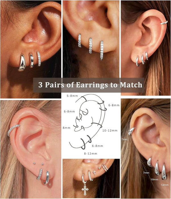 Jewelry for Her Gift 3 Pairs 925 Sterling Silver Earrings for Women Non Tarnish 14K Gold Plated Small Hypoallergenic Huggie Hoops Cartilage Stack Earring Sets for Multiple Piercing