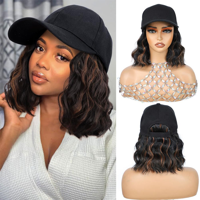 Hat Wigs for Women 6' Short Wave Baseball Cap Wigs with Curly Hair Extensions Synthetic Wave Wig Adjustable Hat with Hair Attached for Daily Use (1B/30, 6inch)