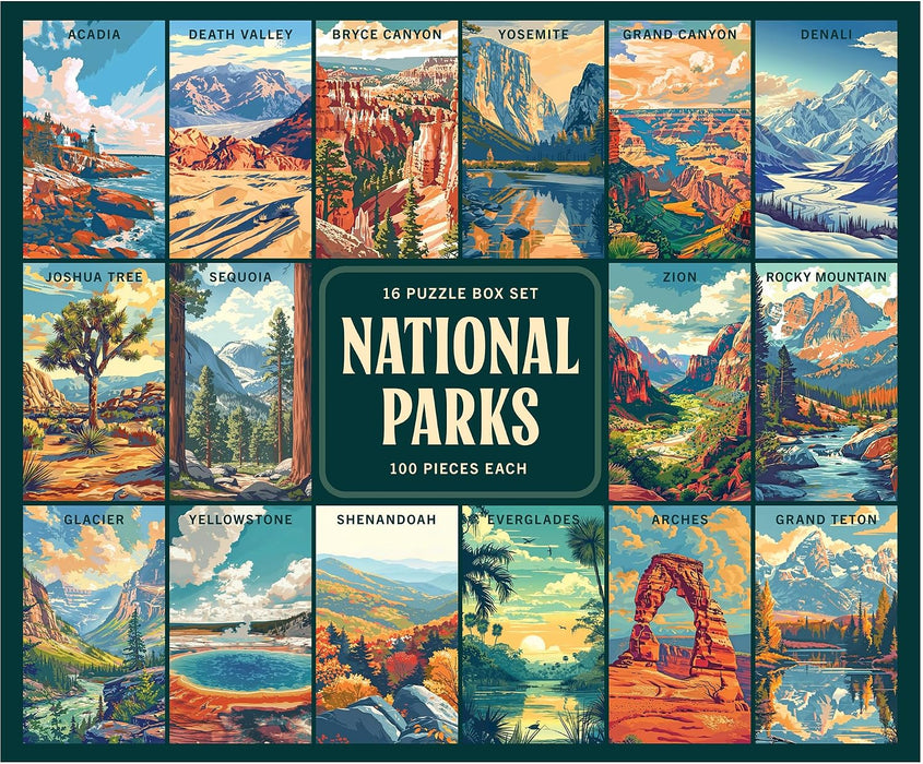 - National Parks Jigsaw Puzzle Box Set - 16 Mini Puzzles, 100 Pieces Each - Colorful Puzzle Gift Set for Adults
