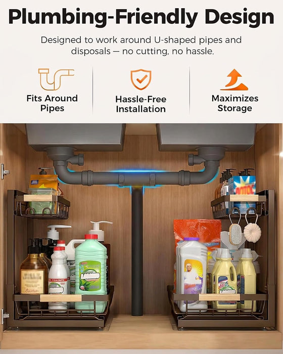 2-Pack 2-Tier Height Adjustable Under Sink Organizer & Storage (Brown)