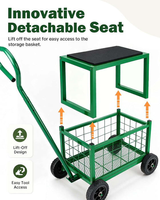 Garden Cart with Detachable Seat, Rolling Garden Seat with Wheels